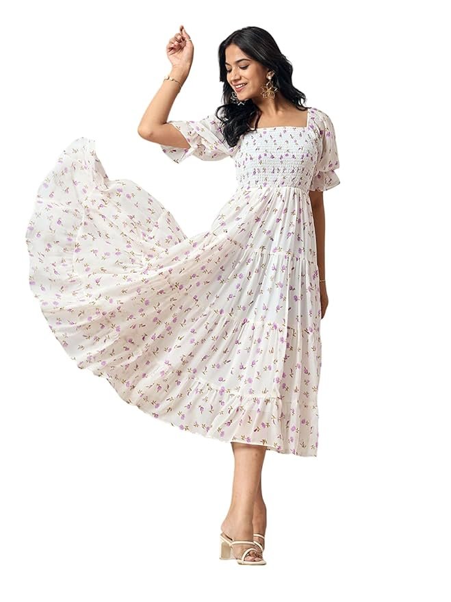 White Floral Puff Sleeve Korean Dress for Girls Under ₹999